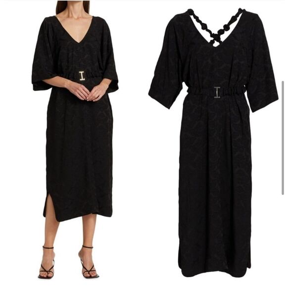 GANNI Belted Jacquard Print Black Midi Dress - Picture 15 of 16